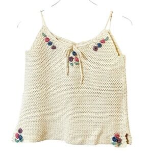 Hand Knitted Crocheted Cream Floral Spaghetti Strap Women's Crop Tank Top Sz S